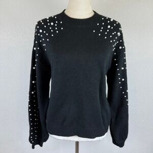 Blooming‎ Jelly Black Pearl Embellished Sweater Crew Neck Long Sleeve Womens